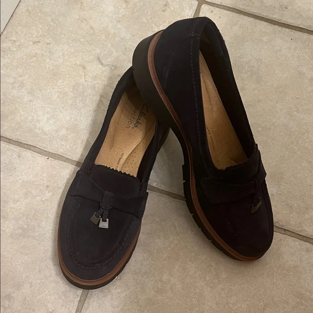 Navy Suede Clarks Westlynn Bella Leather Slip-On Loafers with Tassels Size 8.5 - Picture 2 of 16